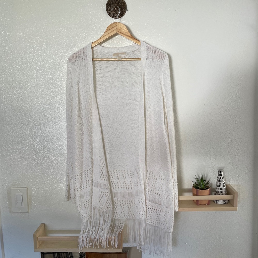 Michael Michael Kors White Pointelle Knit Fringe Open Front‎ Cardigan Sweater M